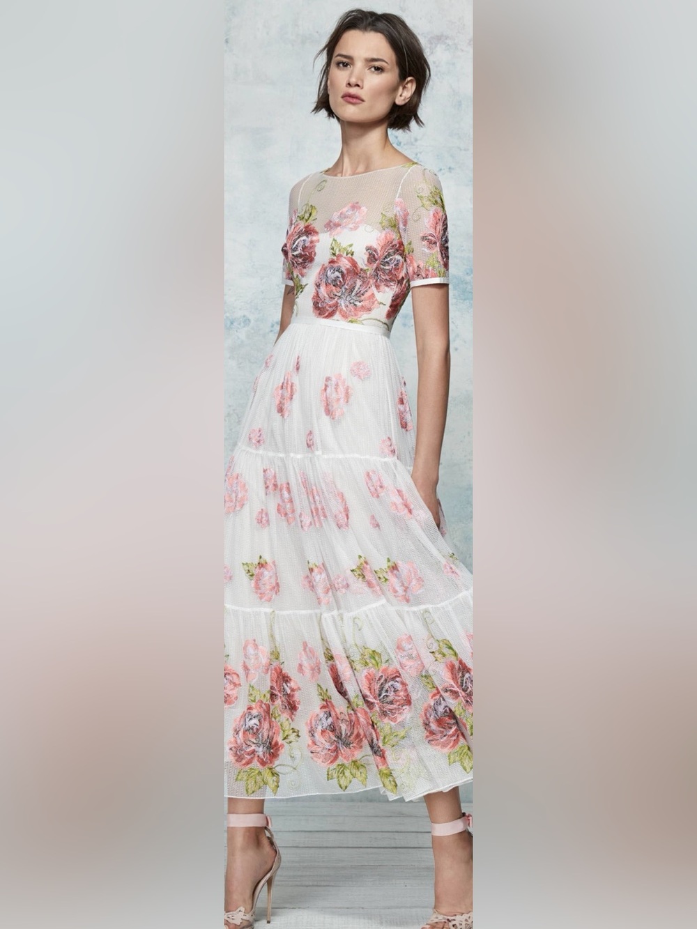 White Maxi Dress with Pink Floral Embroidery